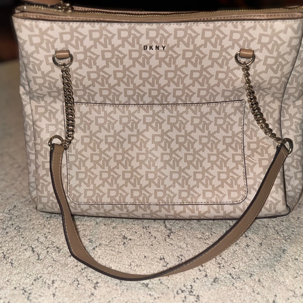 DKNY Monogram Beige and Tan Shoulder Bag